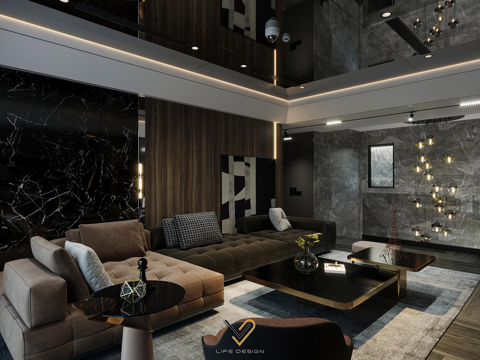 Phòng khách với sự kết hợp của nhiều vật liệu sang trọng, cao cấp 