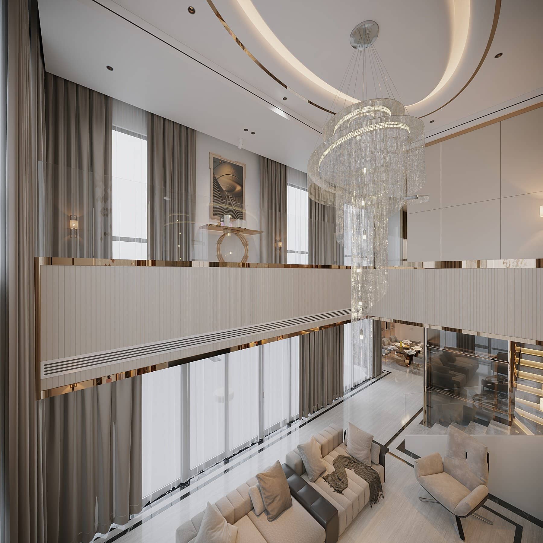 Đèn chùm pha lê kích thước lớn là lựa chọn phổ biến nhất cho không gian khách thông tầng 