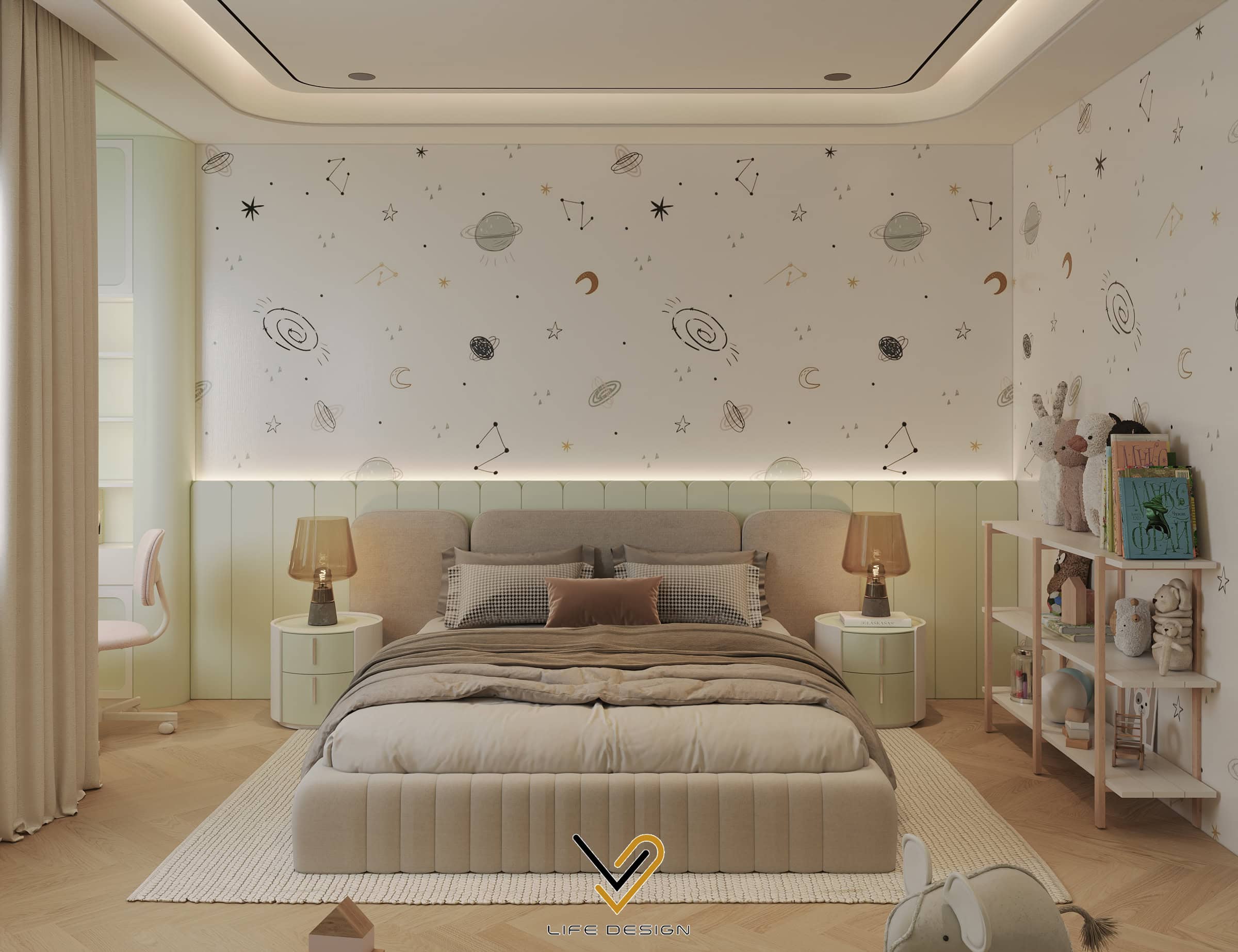 Giấy dán tường mẫu vũ trụ rất phù hợp với phong cách các bé nam 