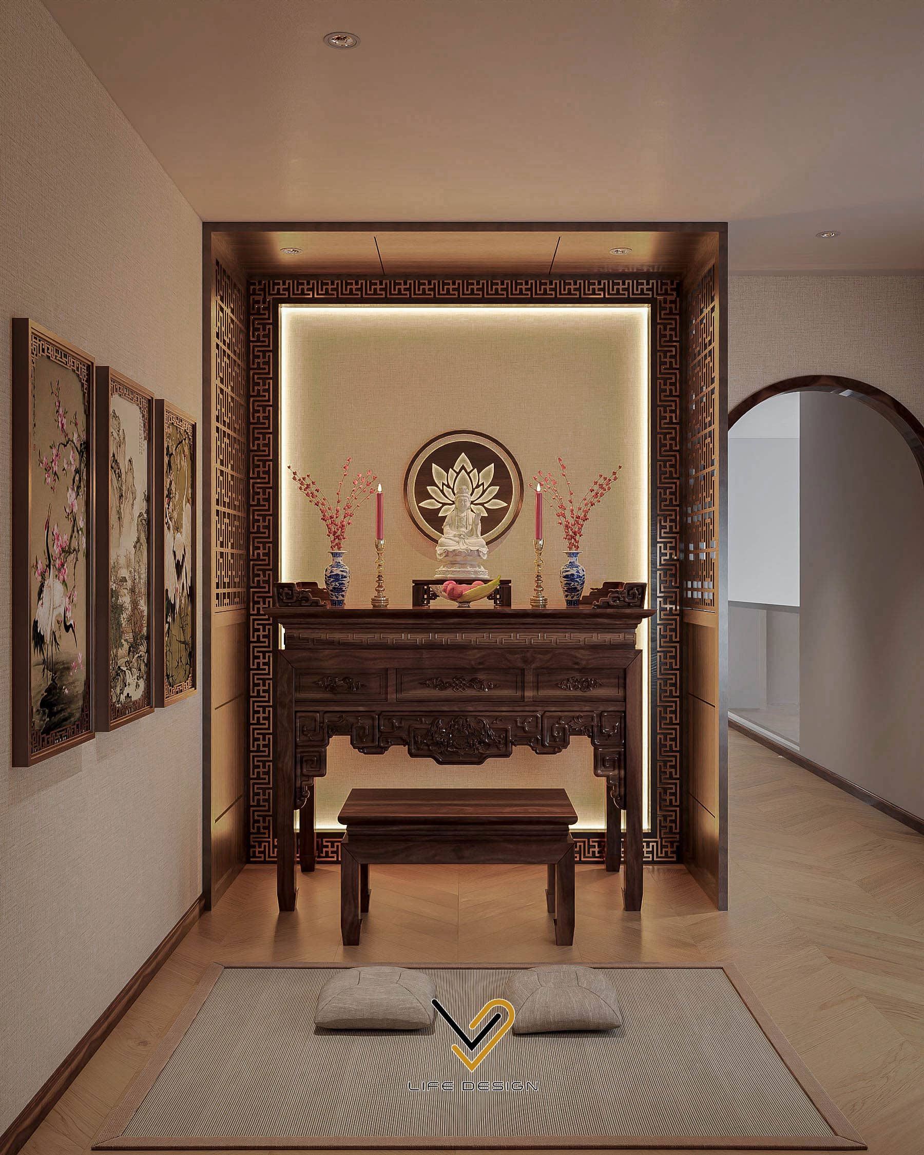 Sử dụng vách ngăn phòng thờ tạo không gian riêng tư 