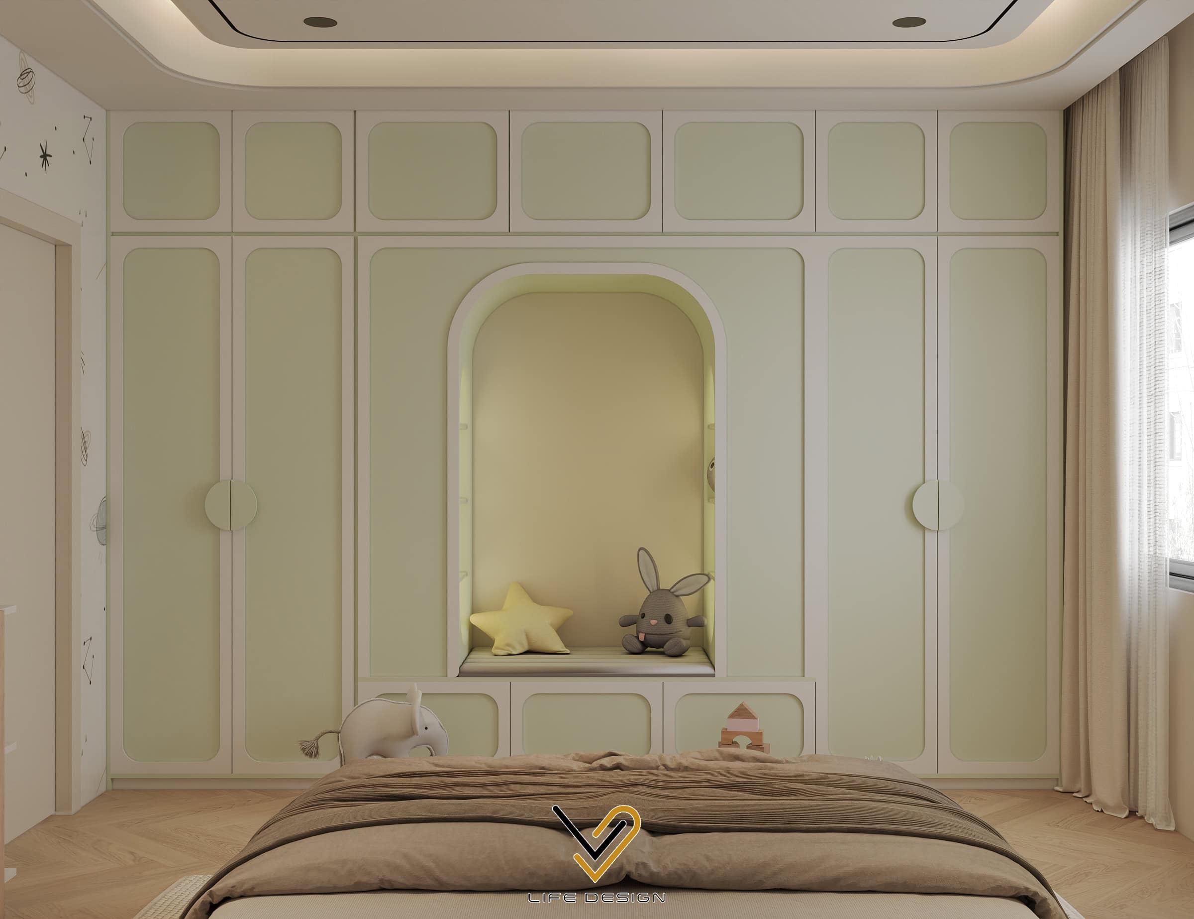 Phòng ngủ bé trai với tone xanh mint chủ đạo 