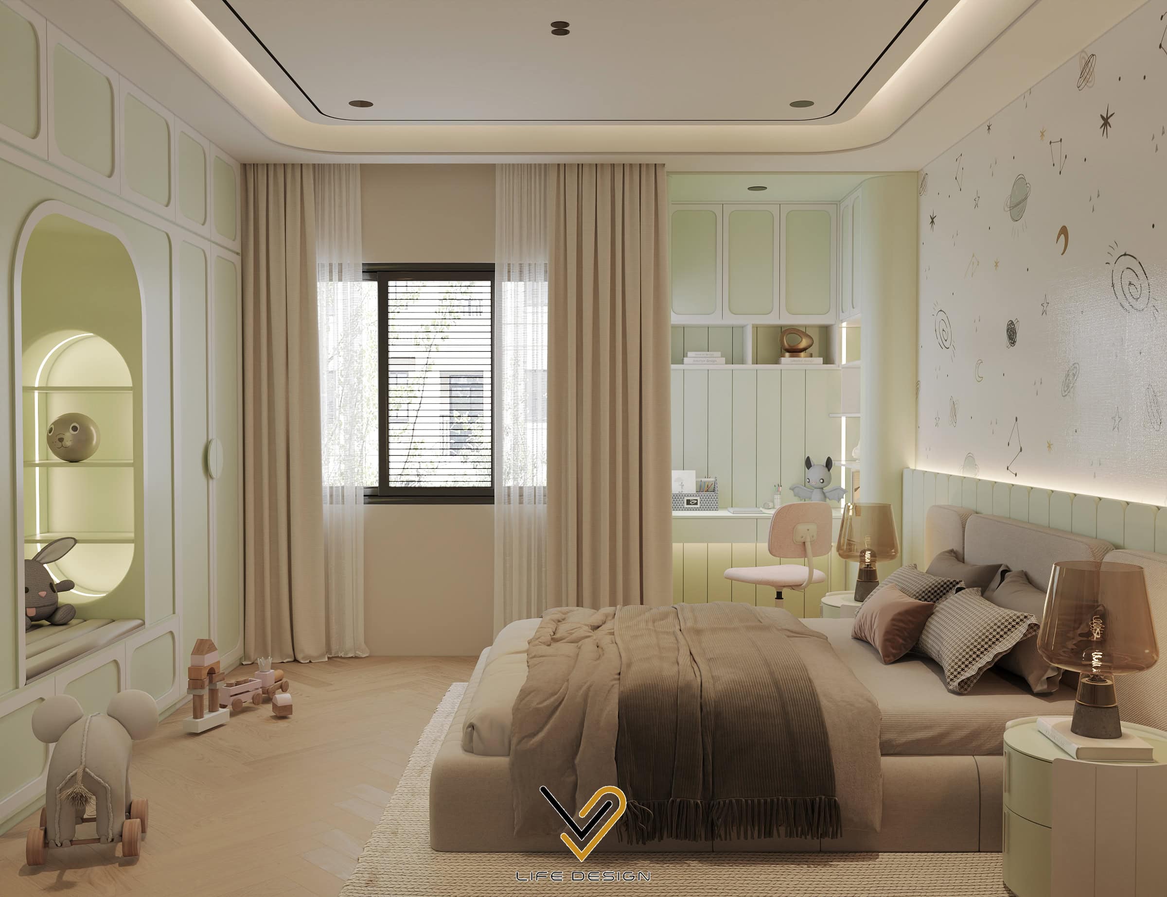 Màu xanh dịu mát rất phù hợp để thiết kế phòng ngủ cho bé 