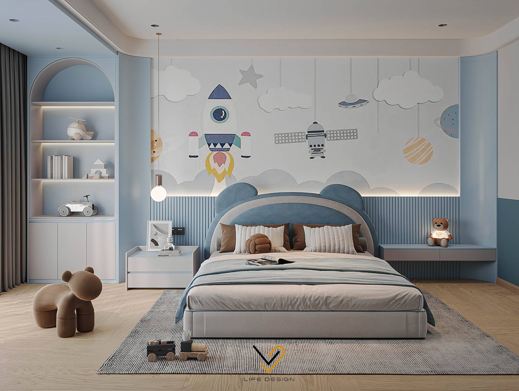 Thiết kế phòng ngủ cho bé với tone xanh dương tươi sáng, đáng yêu 