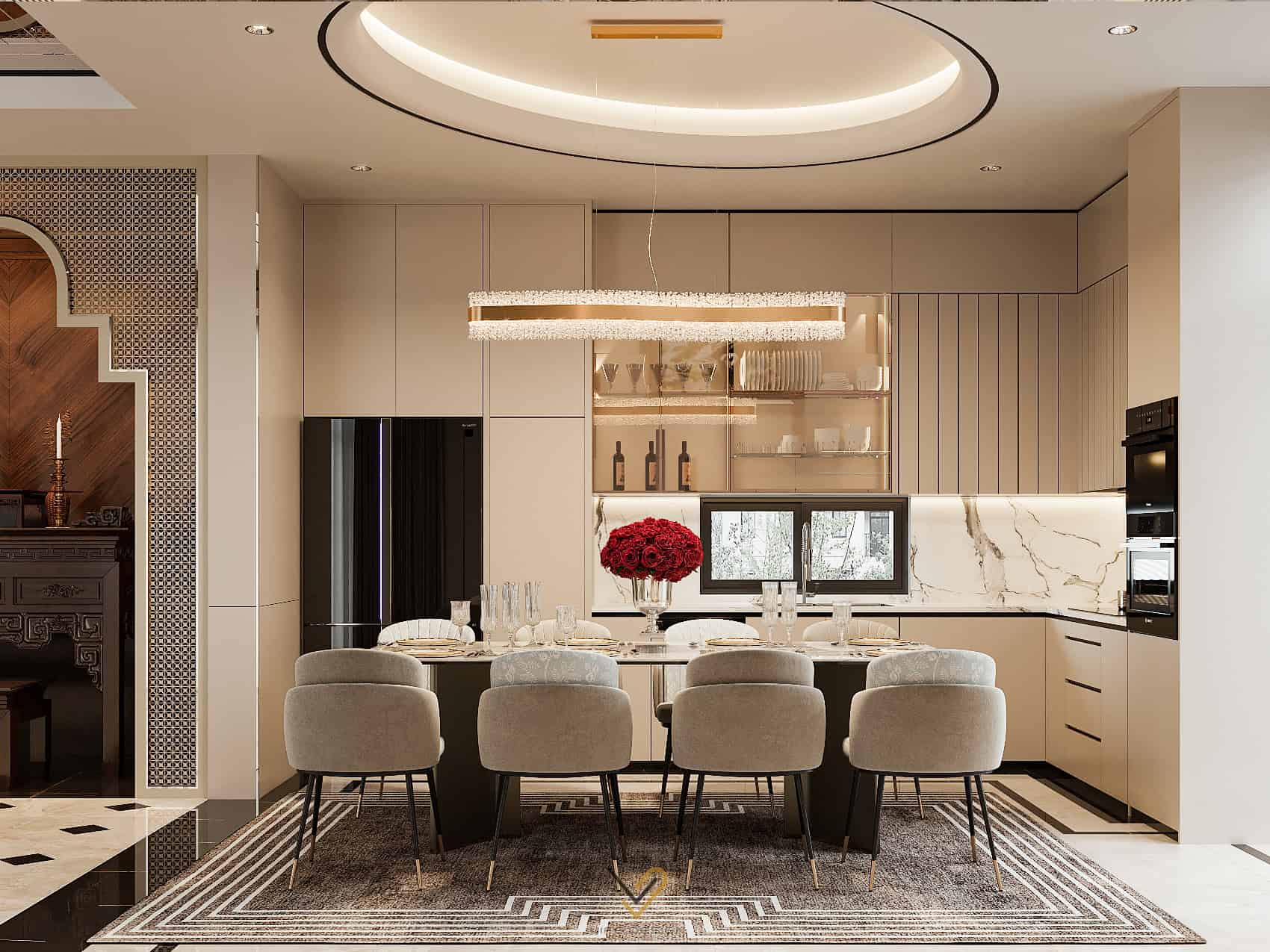 Thiết kế phòng bếp luxury với tông màu kem trang nhã, tinh tế 