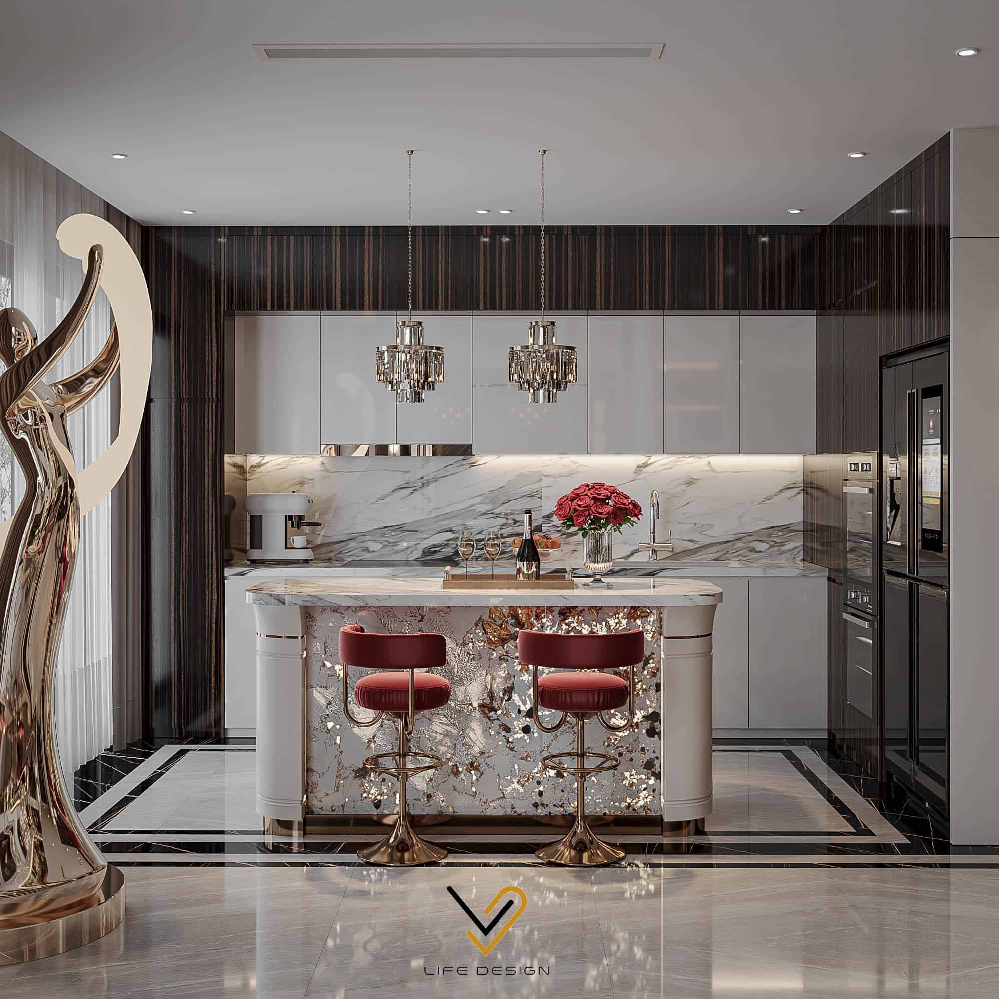 Nội thất phòng bếp sử dụng đá xuyên sáng Onyx cao cấp, sang trọng 