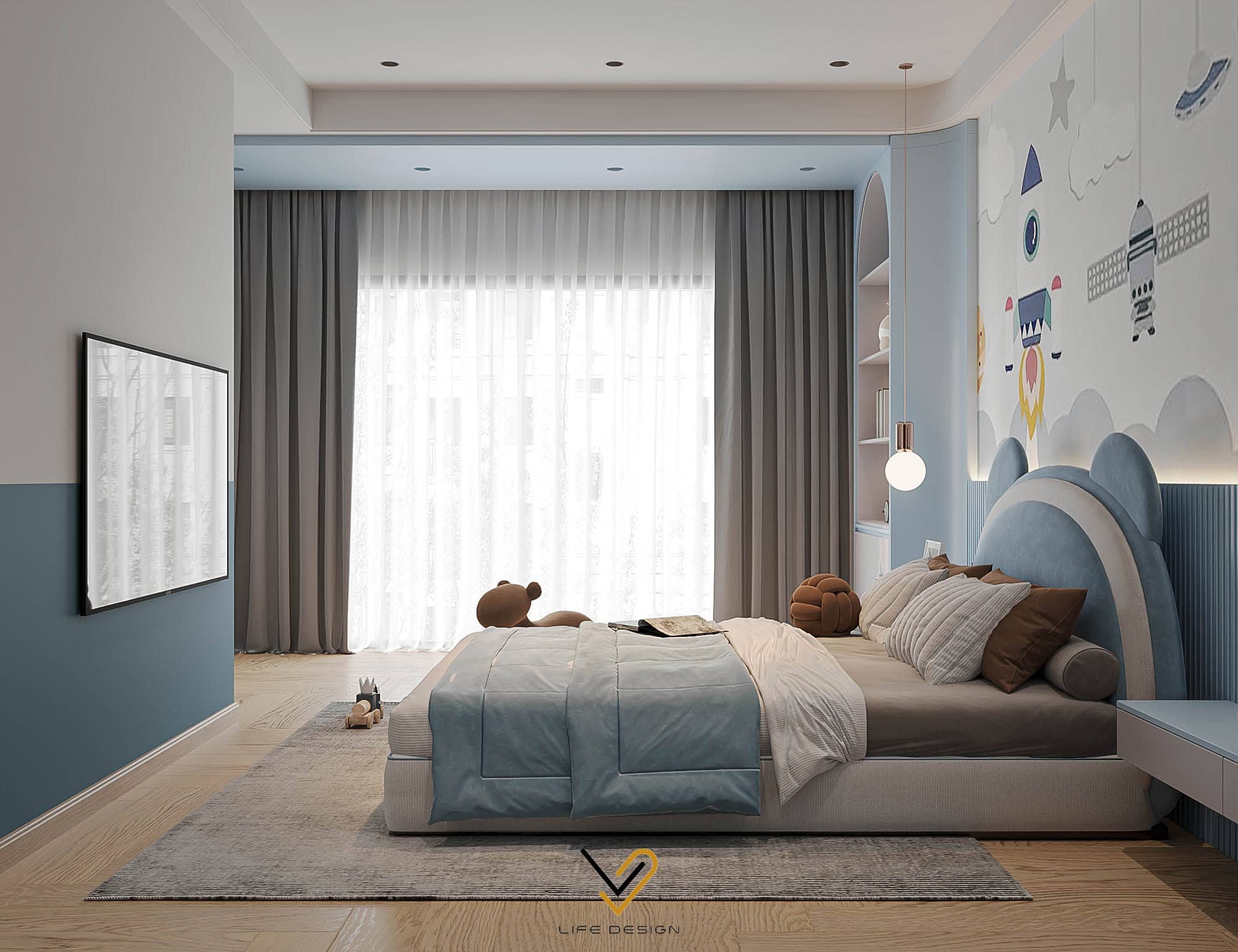 Màu xanh được lựa chọn thể hiện tính cách năng động, tự do của trẻ 