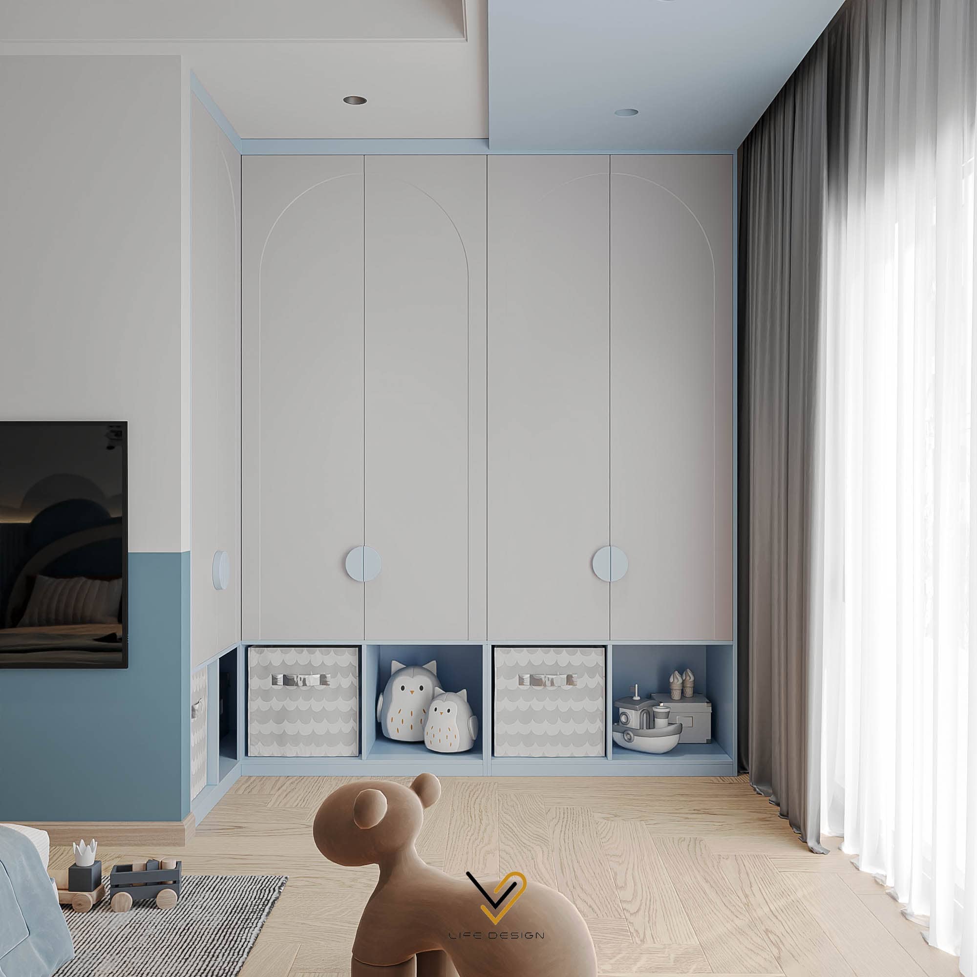 Thiết kế phòng ngủ bé trai với tủ đồ âm tường 