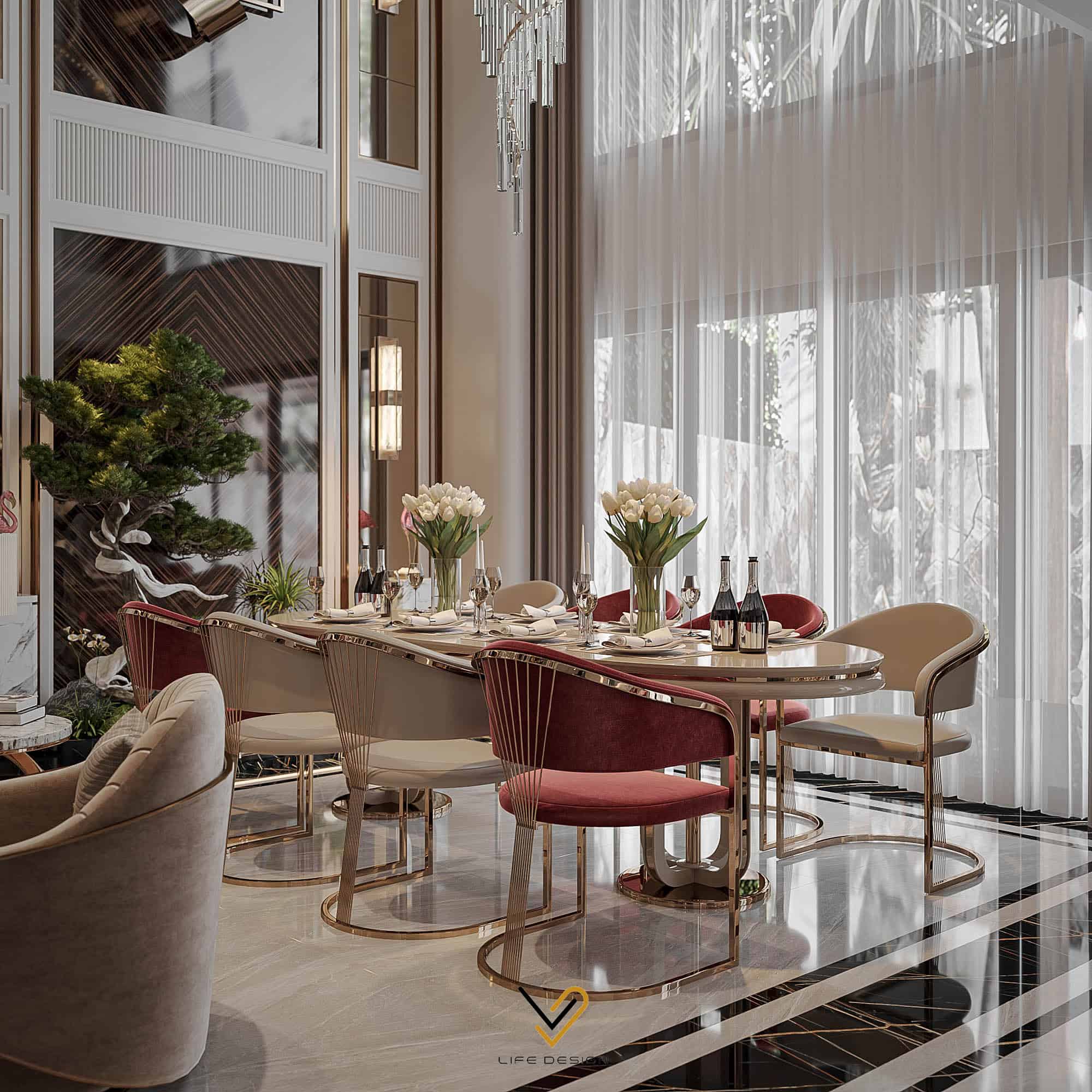 Không gian bàn ăn với sự kết hợp đỏ - kem nổi bật và cuốn hút 