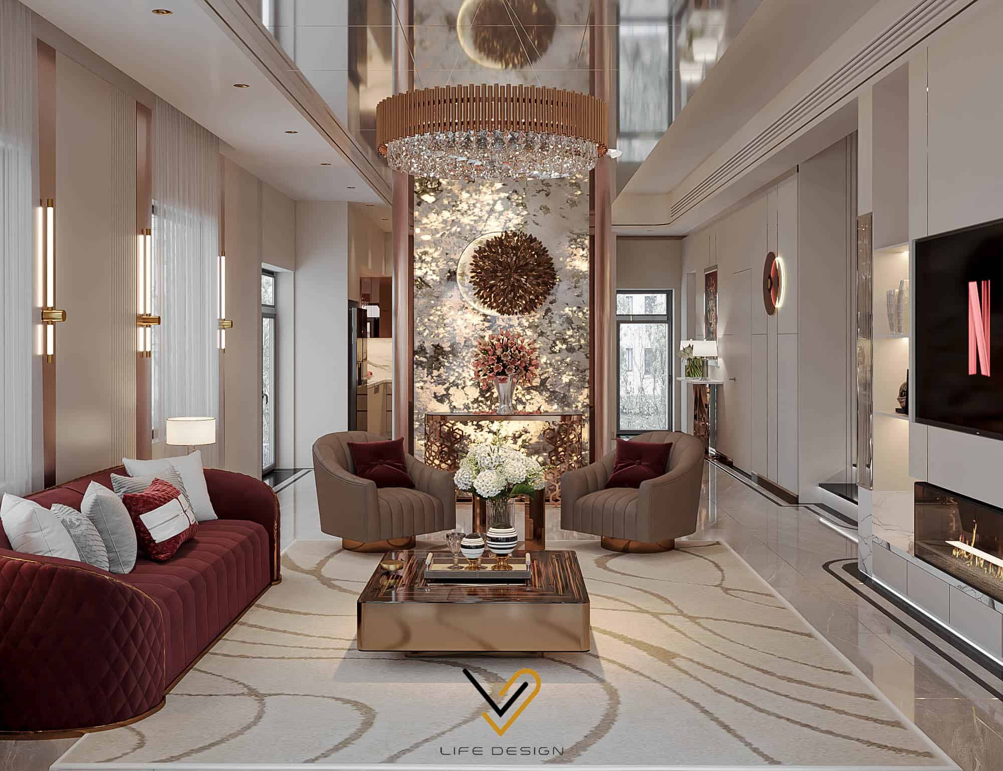 Vách ốp ngăn cách không gian khách - bếp sử dụng tấm đá xuyên sáng gây ấn tượng thị giác mạnh mẽ 