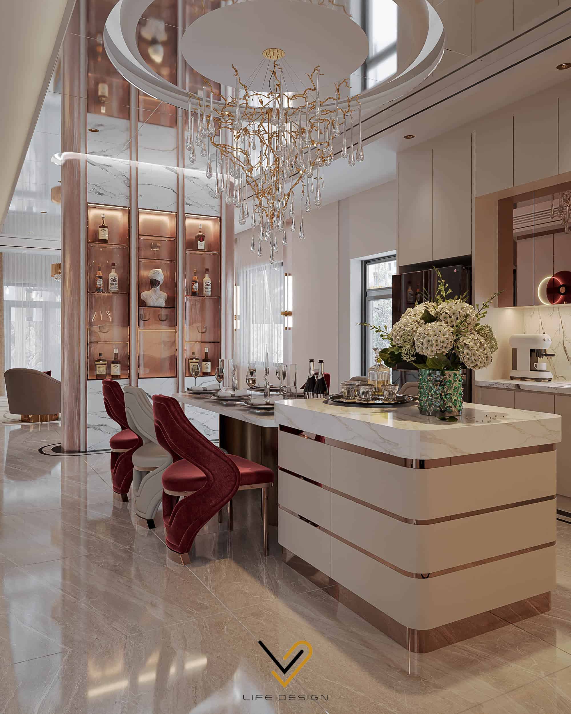 Khung inox nẹp bàn trà tạo hiệu ứng ánh sáng bắt mắt 