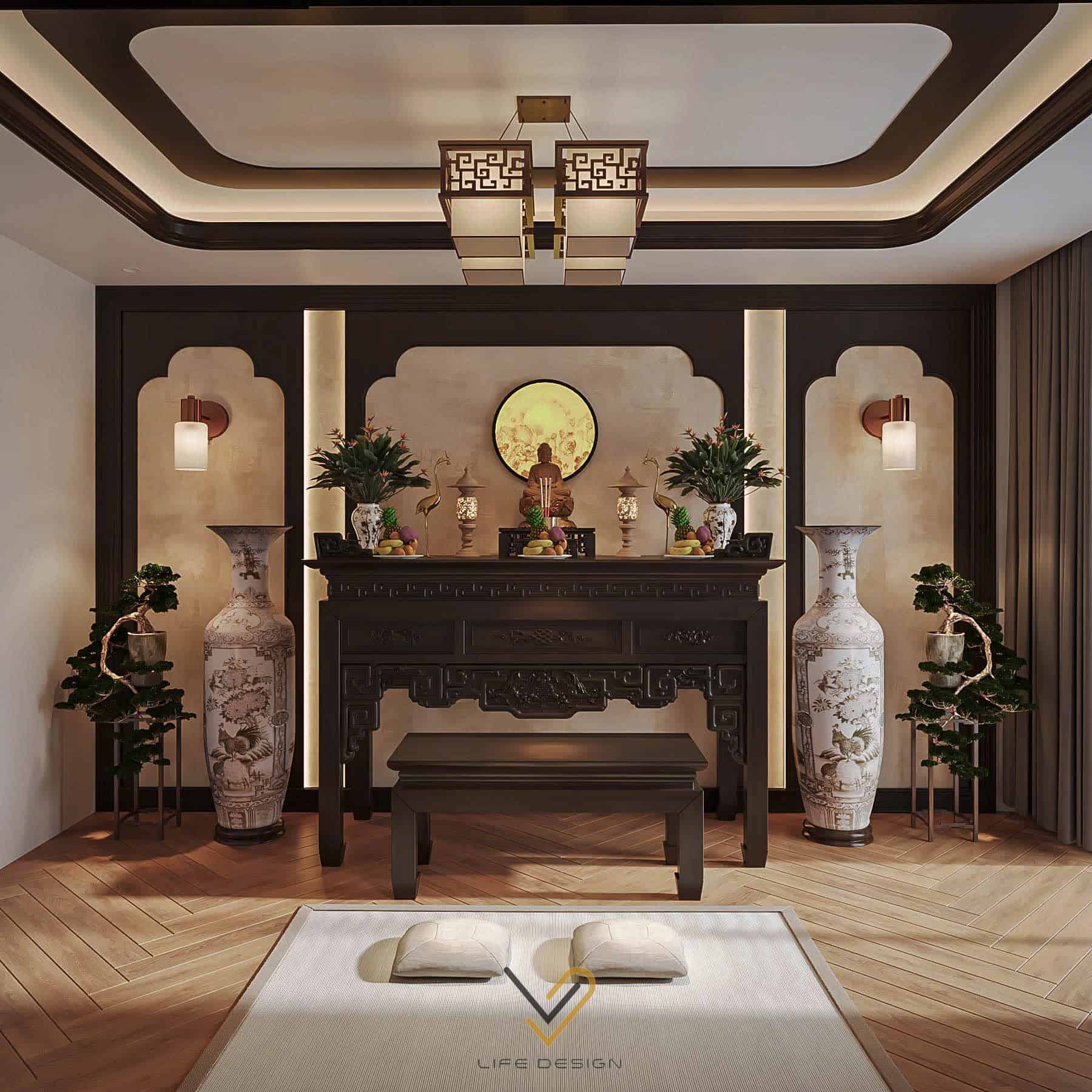 Sử dụng ánh sáng vàng dịu giúp khu vực thờ cúng thiêng liêng và ấm cúng, gần gũi hơn 