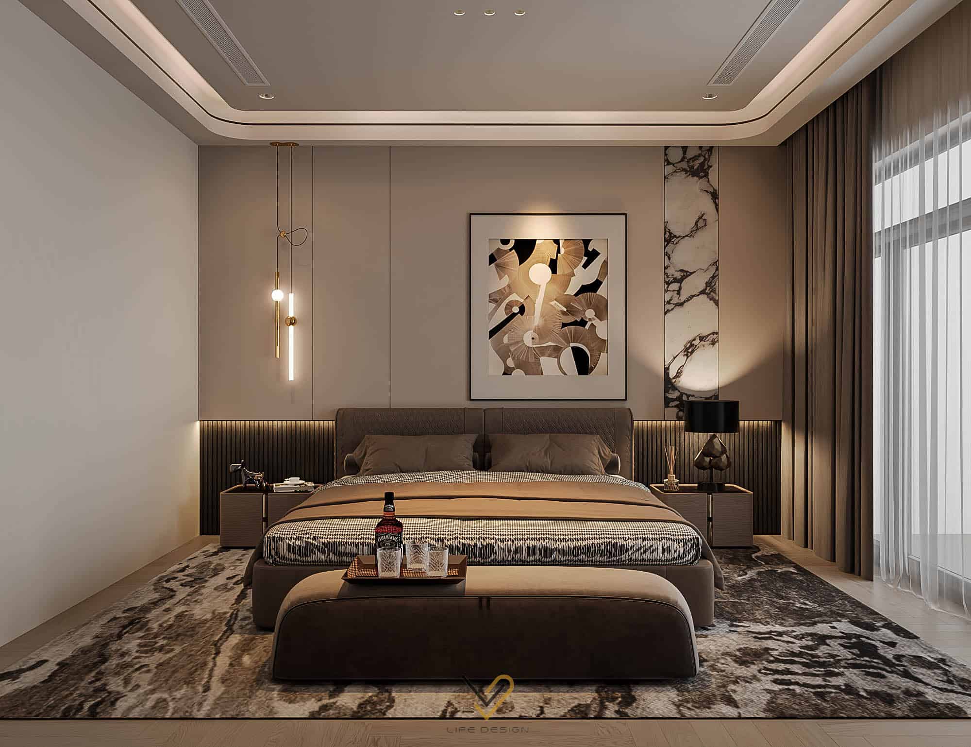 Phối màu phòng ngủ theo nguyên tắc tương phản nhẹ giữa màu xám và trắng kem 