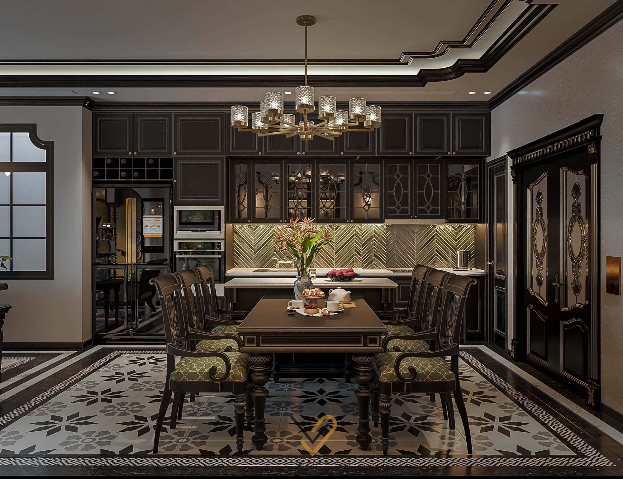 Phòng bếp indochine với các đặc trưng như gạch bông, gỗ đen, đá ốp bếp 