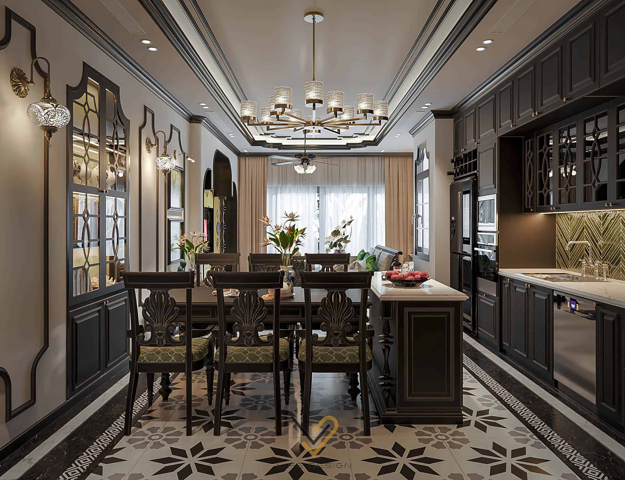 Thiết kế nội thất phòng bếp phong cách indochine 