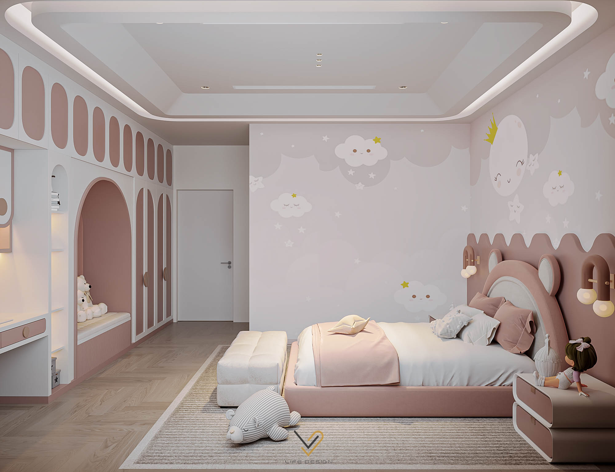 Quy tắc phối màu nội thất đơn sắc, sử dụng 2 gam màu hồng và trắng tạo nên phòng ngủ bé rất đáng yêu 