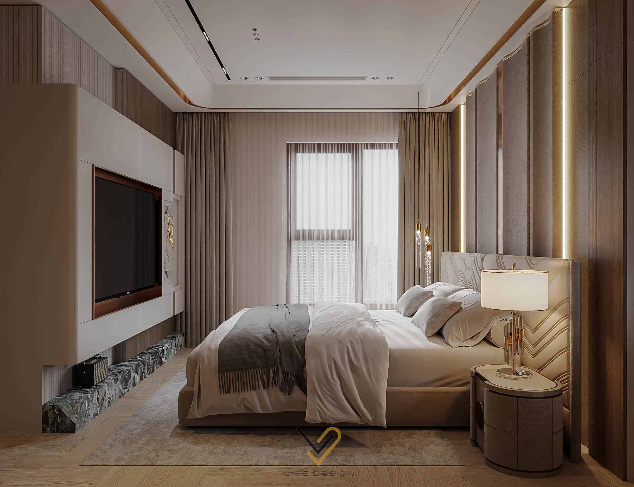 Thiết kế phòng ngủ với tông màu nâu đất giúp thư thái tinh thần và ấm cúng 