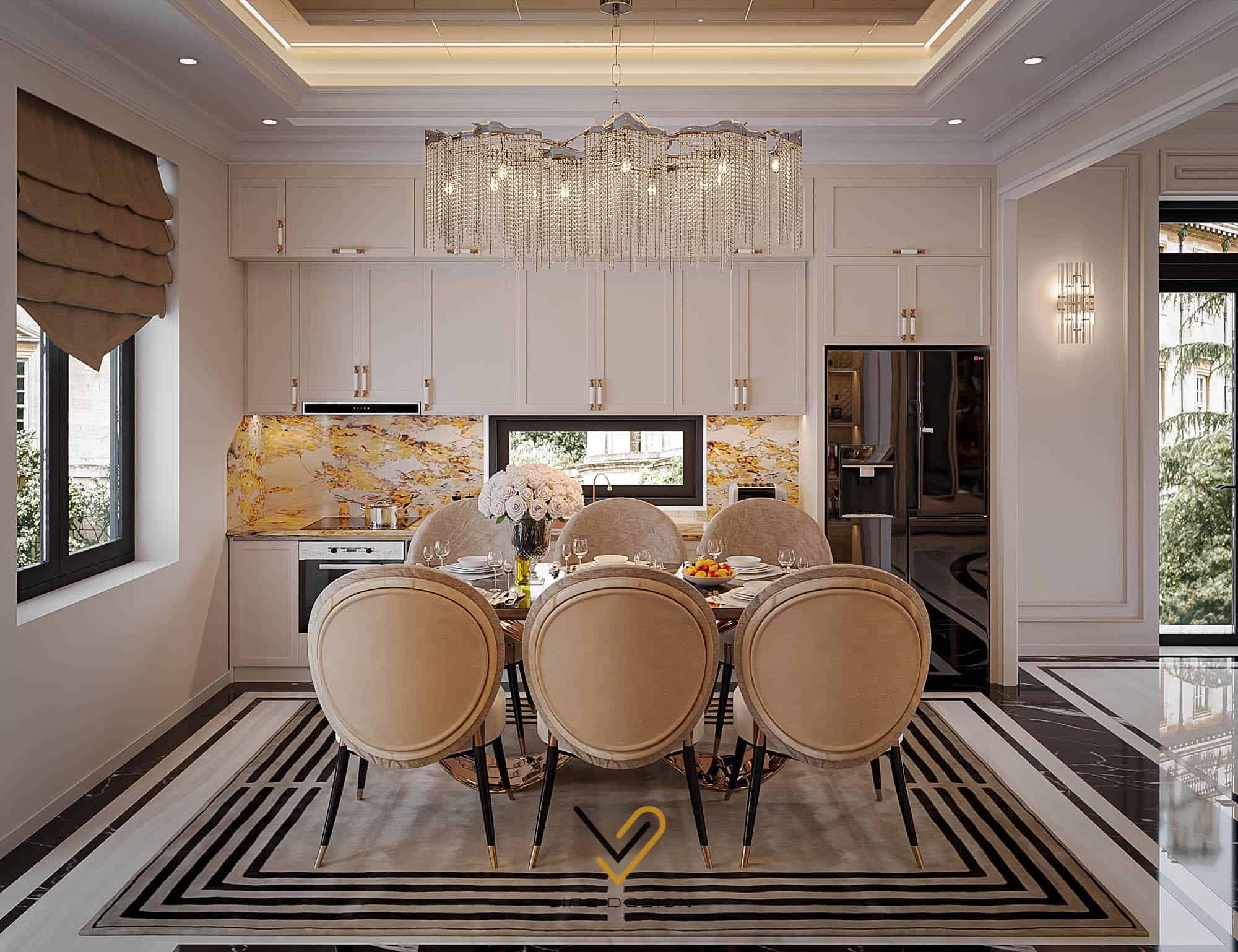 Thiết kế nội thất phòng bếp tân cổ điển với gam màu vàng be thanh lịch, quý phái 