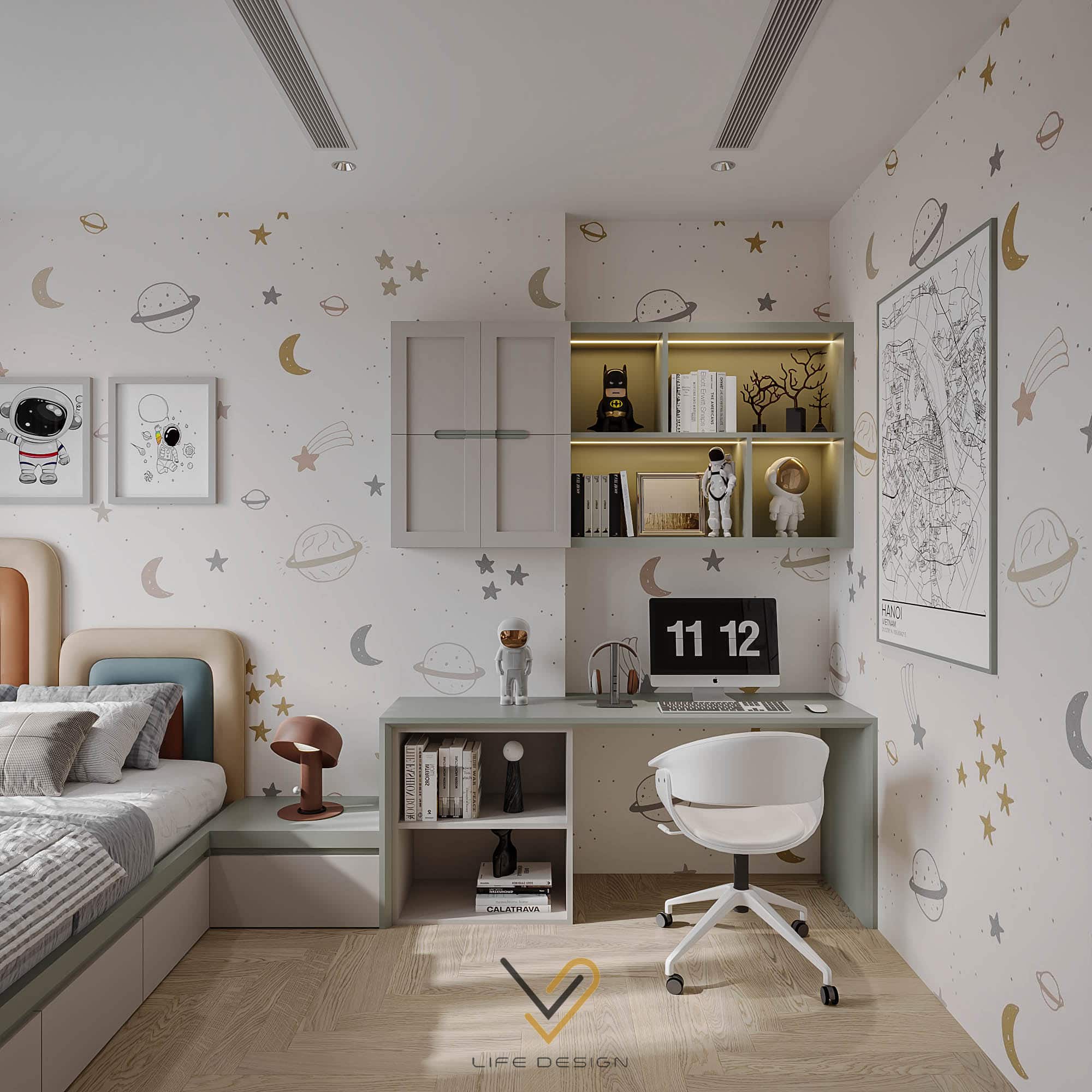 Sử dụng giấy dán tường hình thù bắt mắt, tô điểm cho phòng ngủ thêm sống động 