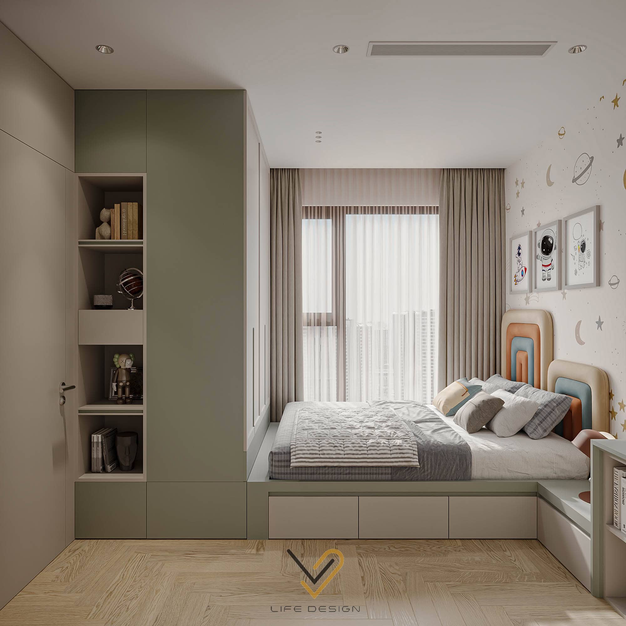 Thiết kế phòng ngủ bé trai tone trắng - xanh trẻ trung, tươi sáng 