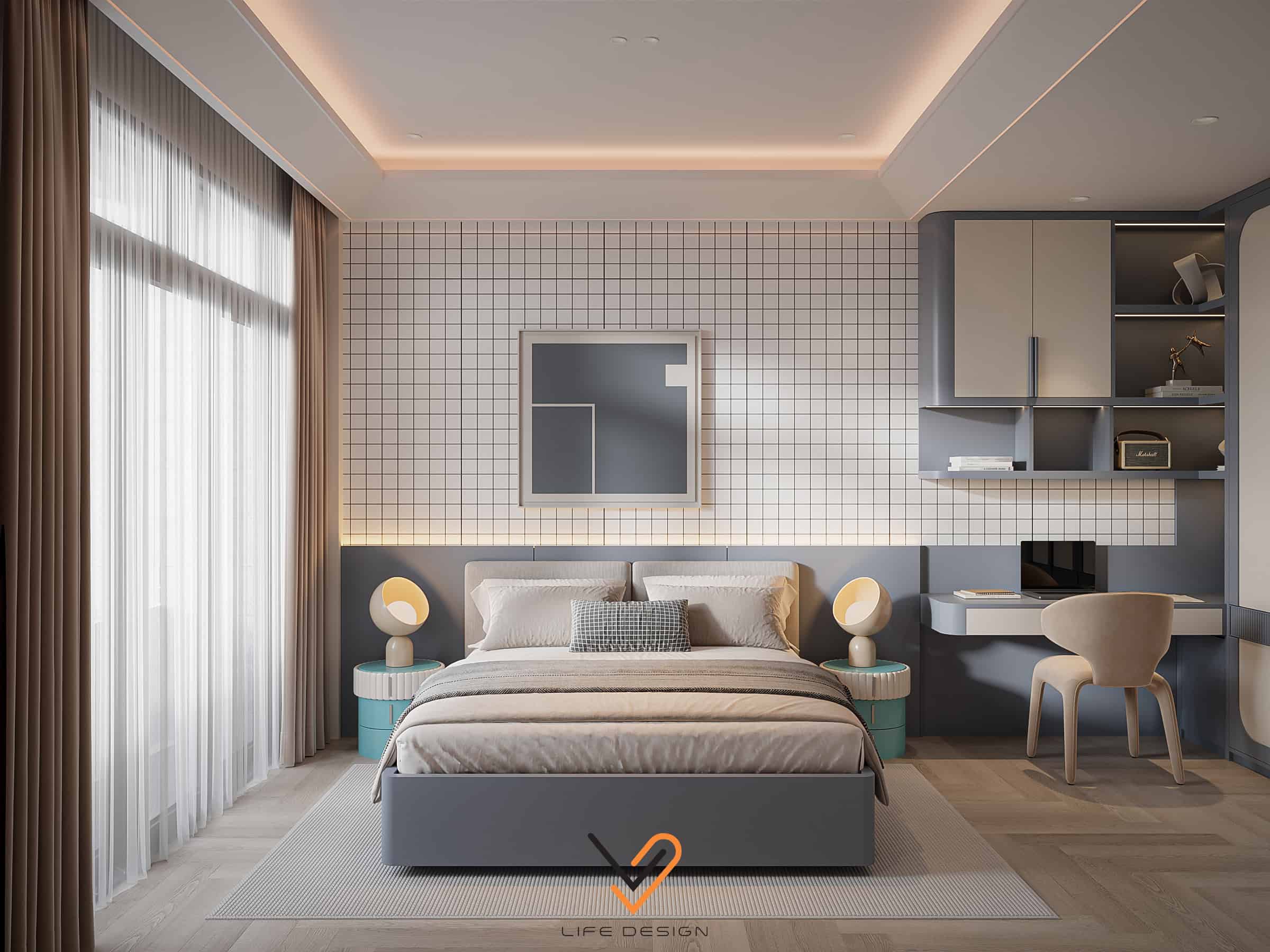 Nguyên tắc 60% là màu trắng, 30% là màu xanh dương, 10% là màu nâu giúp không gian thư thái, dễ chịu 