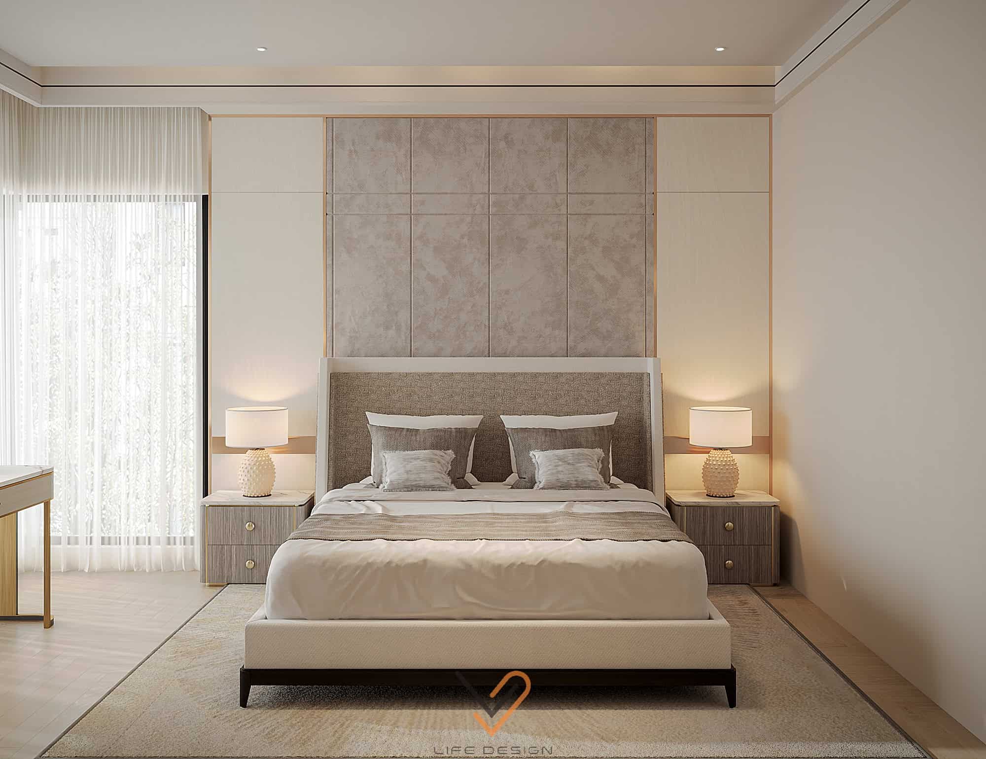 Nguyên tắc đồng bộ sắc độ giúp phòng ngủ được cơi nới, tạo dòng chảy thị giác cuốn hút 