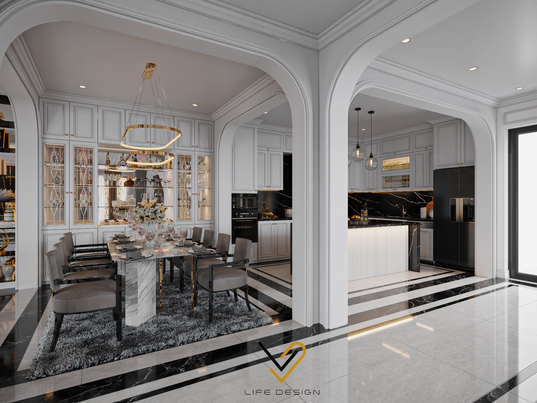 Không gian tách biệt khu bếp nấu và bàn ăn tạo cảm giác rộng rãi 