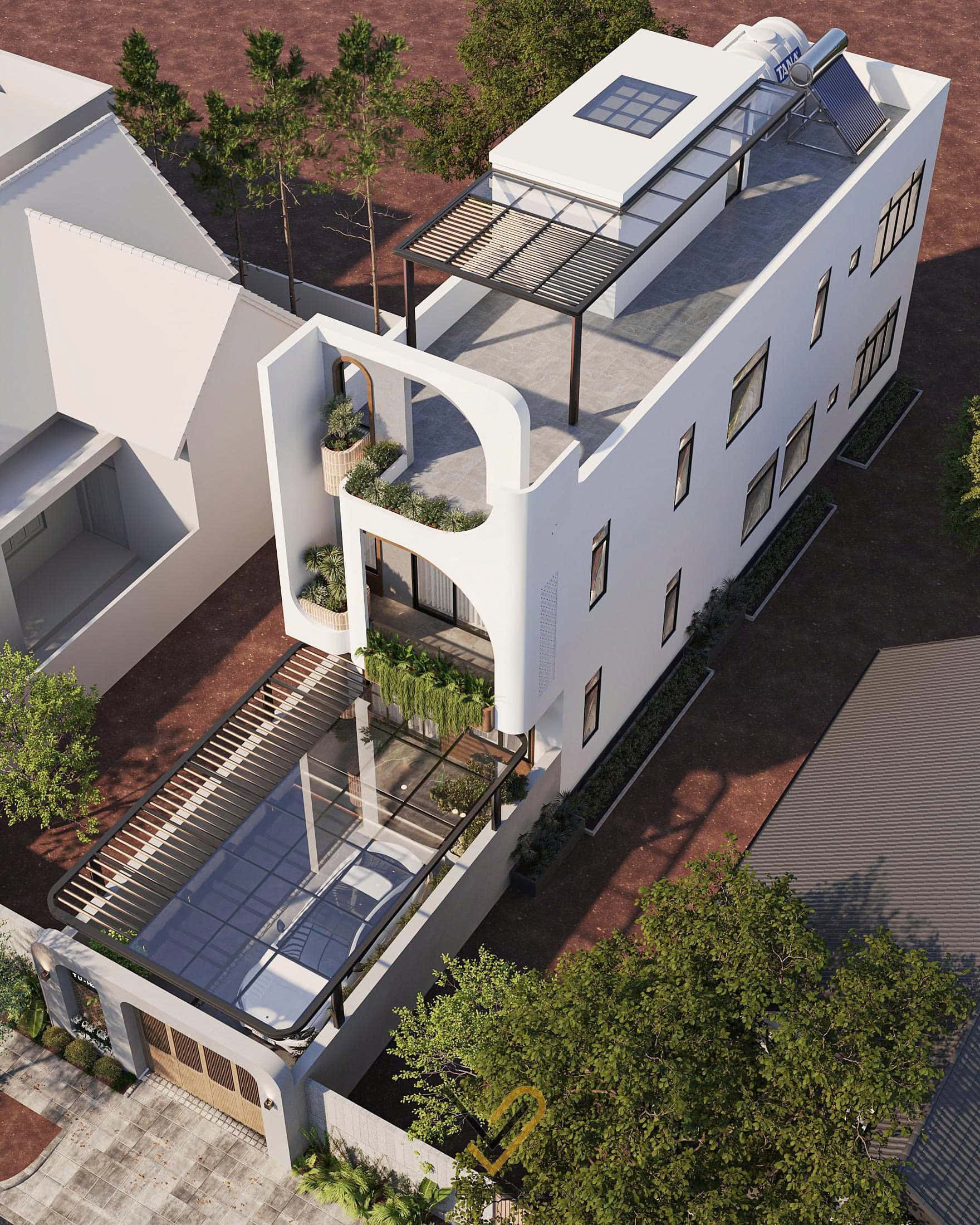 Nhà phố hiện đại với tầng tum được tận dụng làm sân phơi đồ 