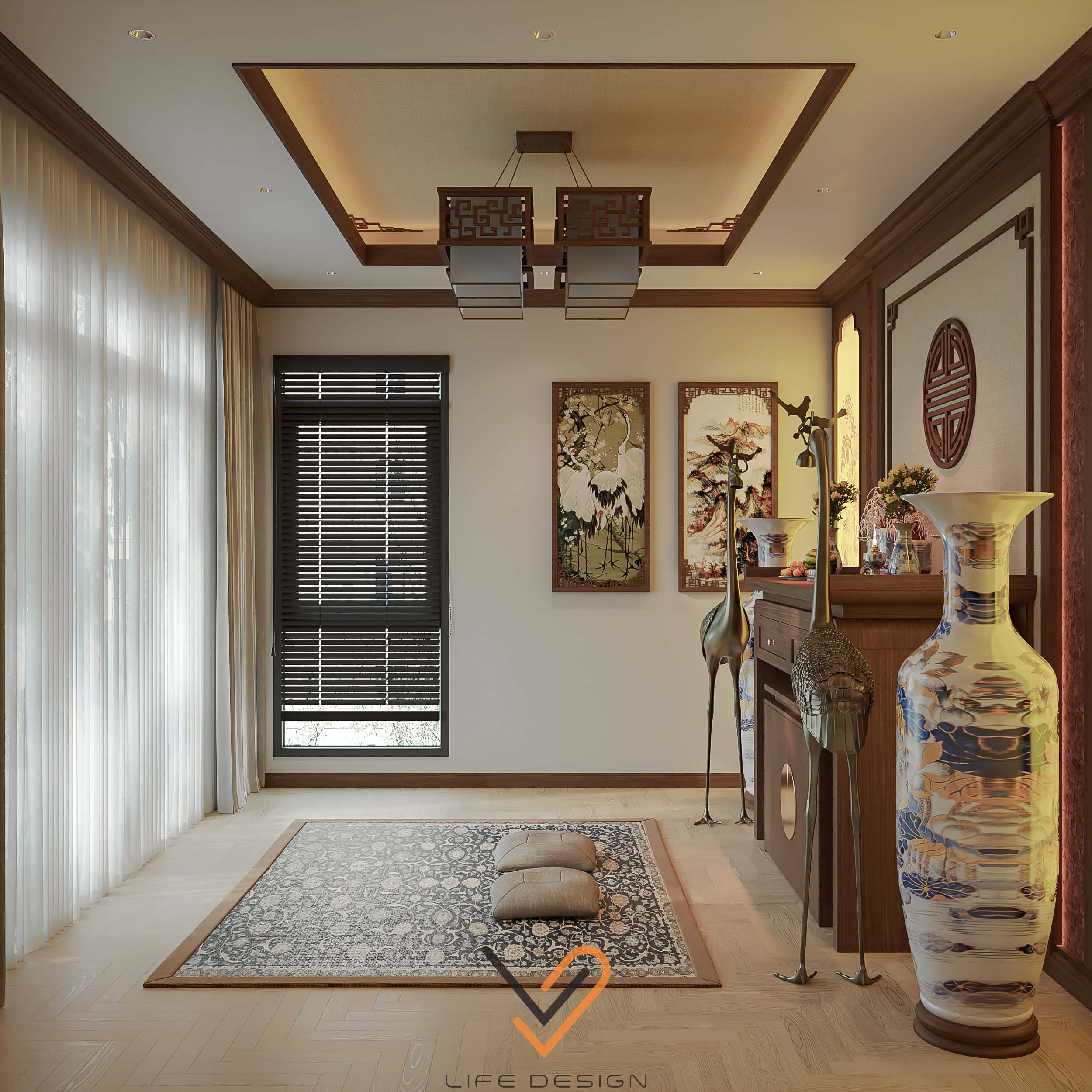 Cửa nên đặt trước ban thờ và có rèm che để tạo không gian yên tĩnh và kín đáo hơn 