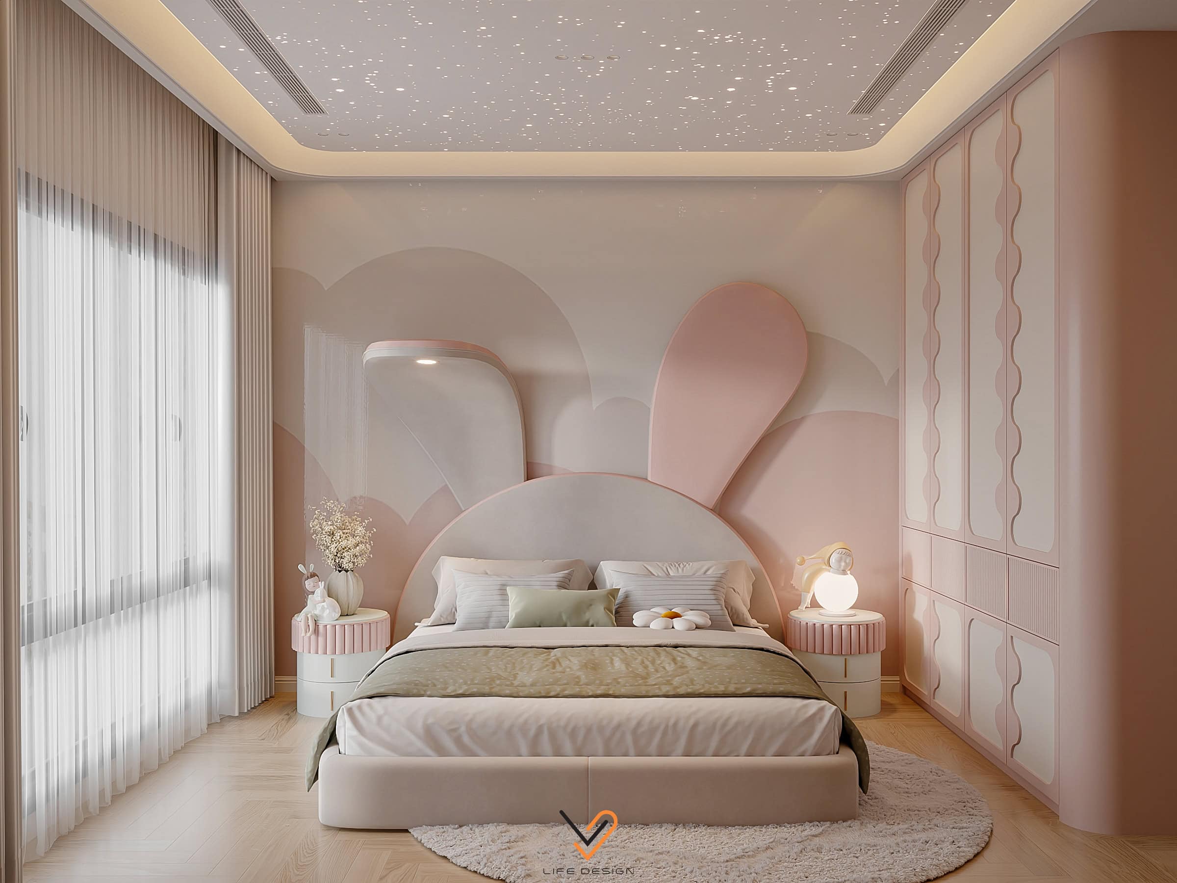 Phòng ngủ bé gái tone hồng pastel nhẹ nhàng 