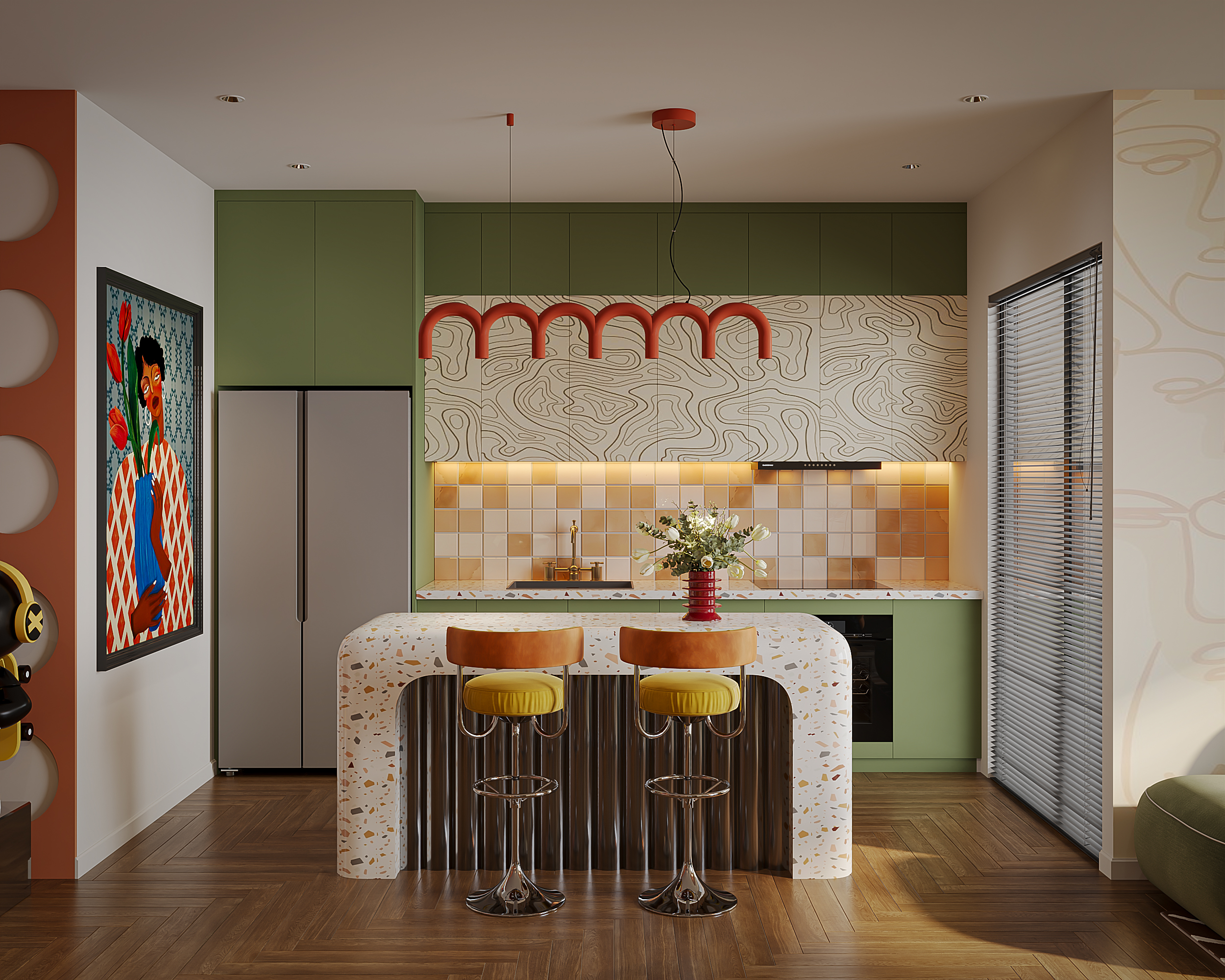 Những ô vuông nhỏ nhiều màu được sắp xếp ngẫu nhiên, phá vỡ tính khuôn mẫu thường thấy của các mẫu gạch khác 