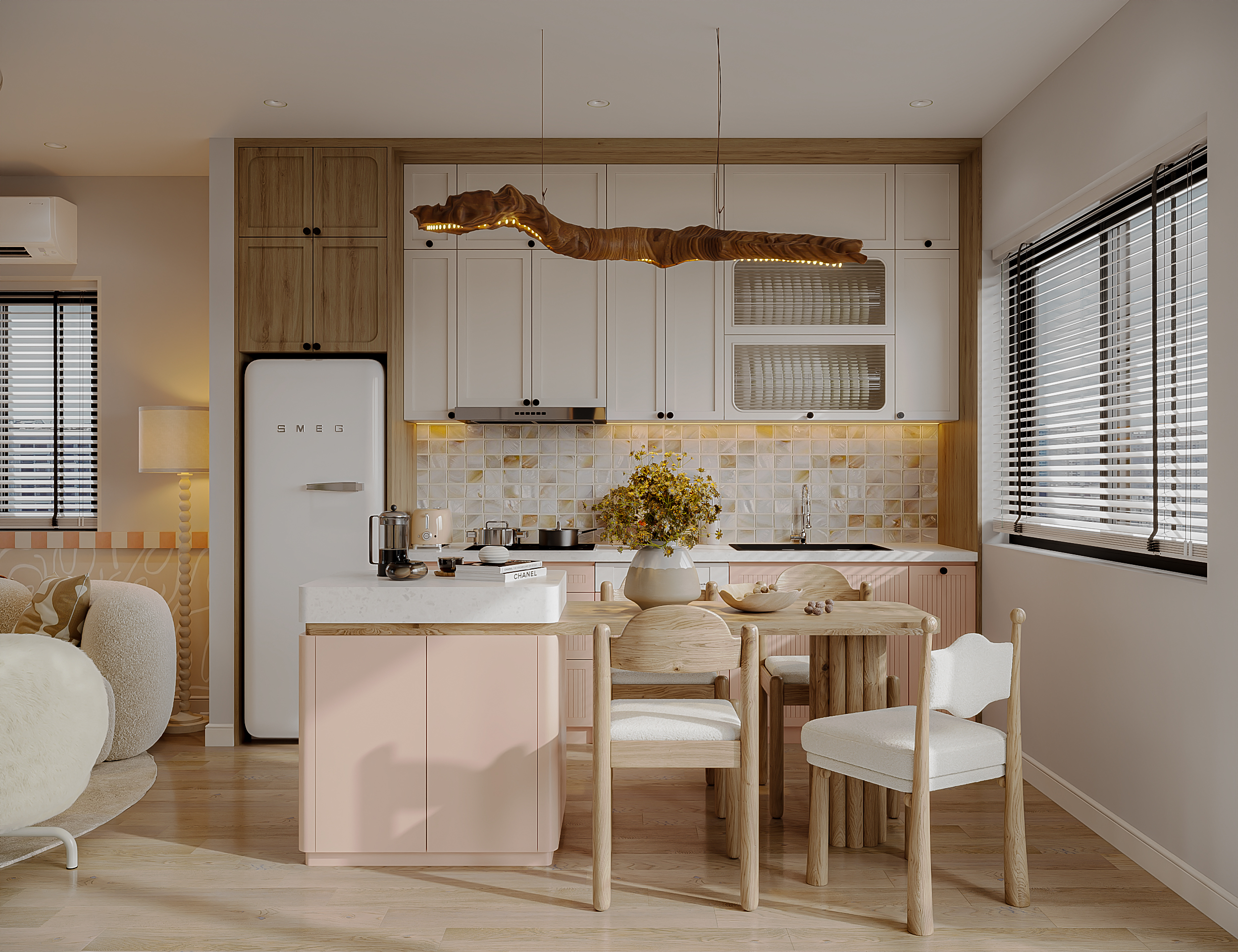 Tường bếp ốp gạch mosaic tạo điểm nhấn cho khu vực nấu nướng 